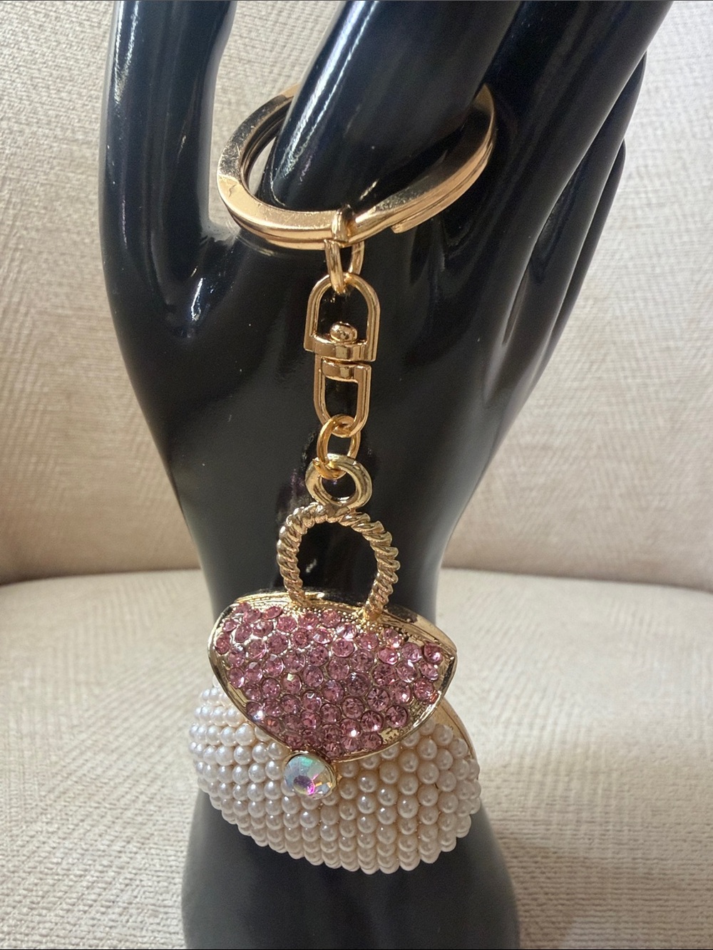 Gold Keychain Purse Charm with Pink Rhinestones and Pearls